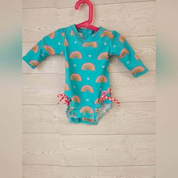 Ruffle Butts-baby Girl swimsuit SZ 3-6 UPF50+ Long Sleeve One Piece Rash Guard - - Picture 3 of 9